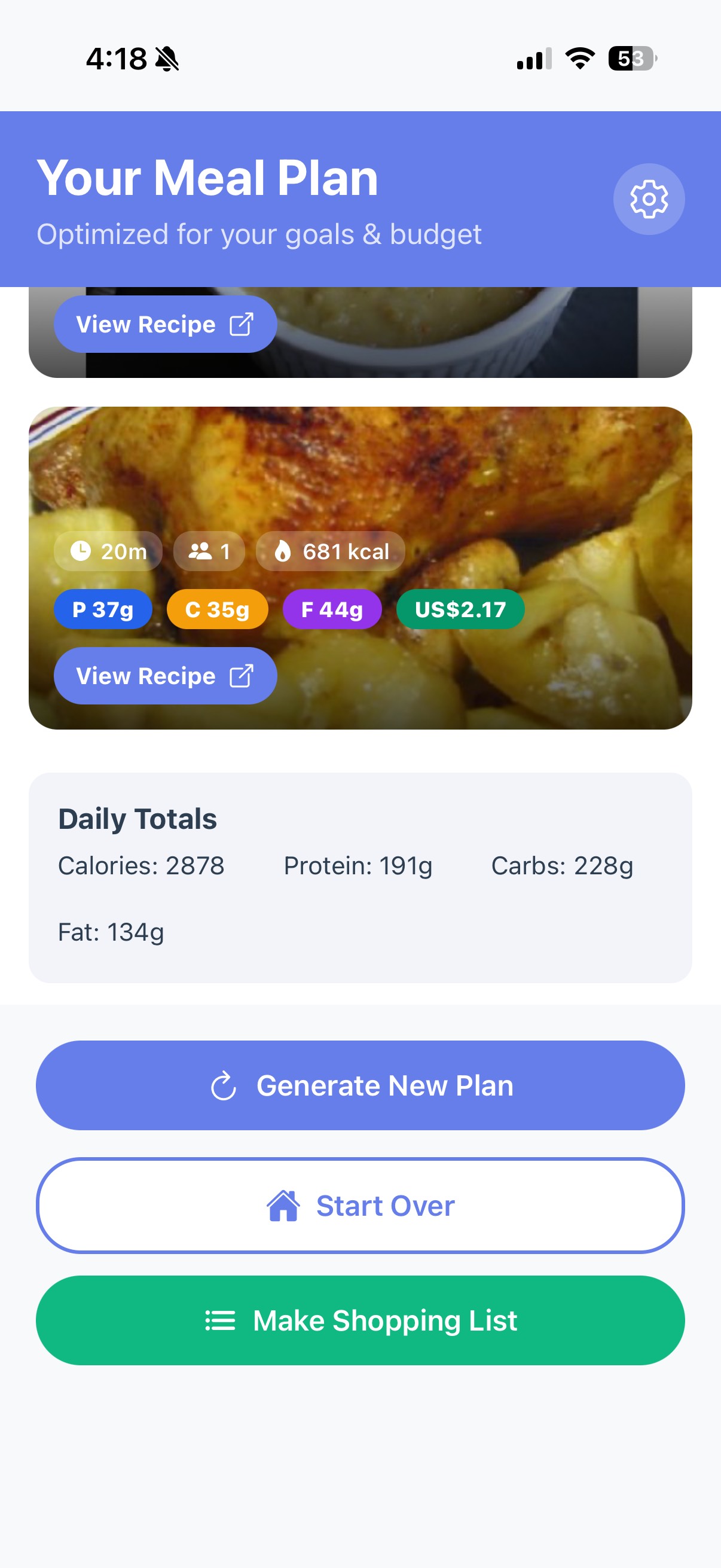MealPrepAI Daily Totals